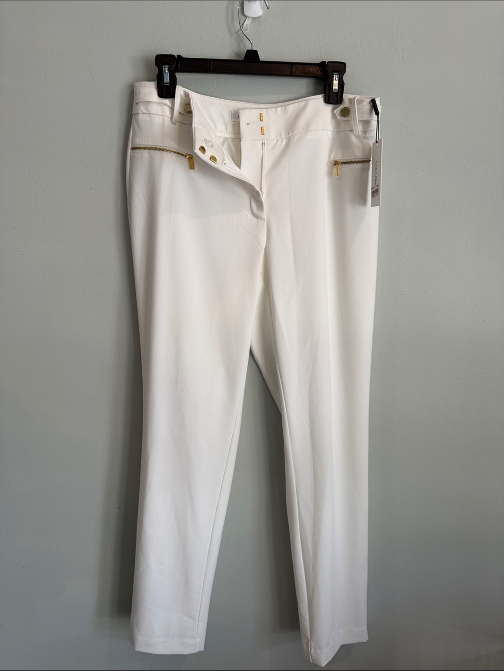 Calvin Klein White Ponte Pull-On Pants with Gold Zipper Accents - Picture 8 of 11